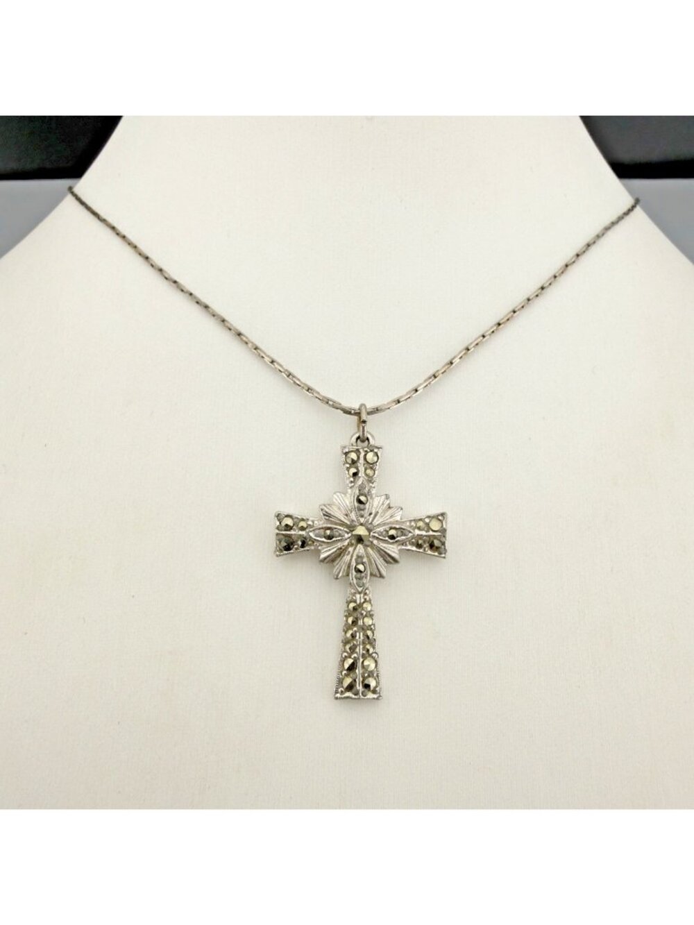 Vintage Marcasite Cross Pendant Necklace Silver Tone Religious 24”